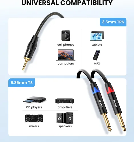Vista 3 de Tisino - Cable TRS estéreo de 1/8" a dual TS mono con divisor en Y de 1/4", cable estéreo con miniconector auxiliar de 3.5 mm a conector de 6.35 mm