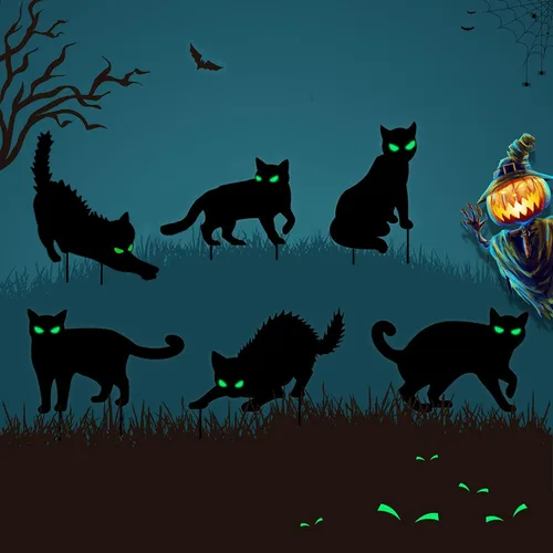 Vista 2 de Paquete de 6 carteles de decoración de gato negro de Halloween con estacas que brillan en los ojos oscuros, aterradores, impermeables, para patio