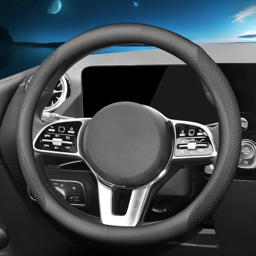 Vista 2 de HAOTULE Nueva funda para volante de coche de cuero nappa, universal de 15 pulgadas, color negro
