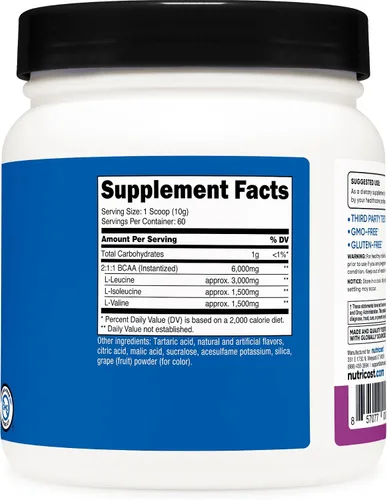 Vista 5 de Nutricost BCAA Polvo (Uva, 60 porciones) - Relación óptima 2:1:1, apto para vegetarianos, sin OMG, sin gluten Apto para vegetarianos, sin OMG