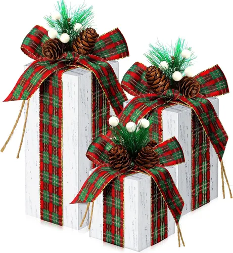 Vista 10 de 3 piezas de caja de regalos de madera de Navidad, decoración de centros de mesa de regalos a cuadros navideños, decoración de bandeja escalonada