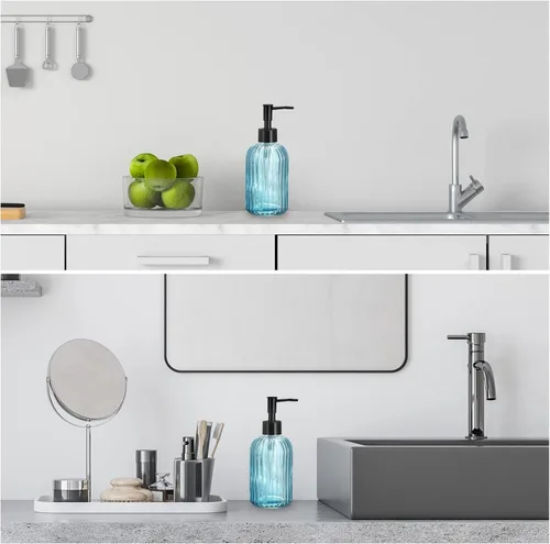 Vista 5 de uxcell Dispensador de jabón – Dispensador de jabón de manos de vidrio de 13.5 onzas con bomba negra para cocina y baño, color azul