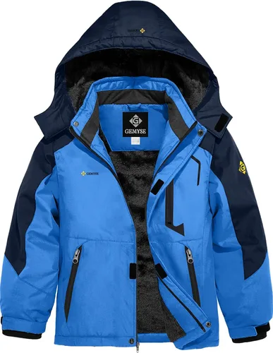 Vista 23 de GEMYSE - Chaqueta de esquí impermeable con capucha y forro polar, resistente al viento, para niño Verde Aqua