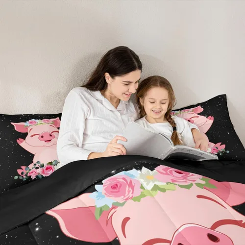 Vista 5 de Erosebridal Juego de edredón de cerdo rosa para niñas, decoración de habitación Kawaii, tamaño individual, relleno de edredón de hojas florales