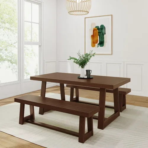 Vista 6 de Plank+Beam Juego de mesa de comedor de madera clásica, mesa de comedor de madera maciza con 2 bancos para comedor/cocina, cepillo de alambre de nuez