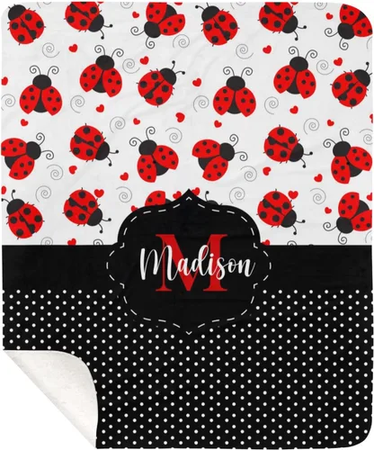 Vista 8 de Manta de forro polar con monograma y diseño de lunares negros con nombre para niñas que duermen con diseño de mariquita, 50 x 60 pulgadas, regalo