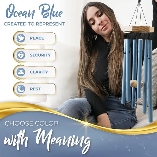 Vista 3 de Campanillas de viento conmemorativas azul océano de 32 pulgadas para la pérdida de un ser querido, campanillas de viento de condolencias de sonido