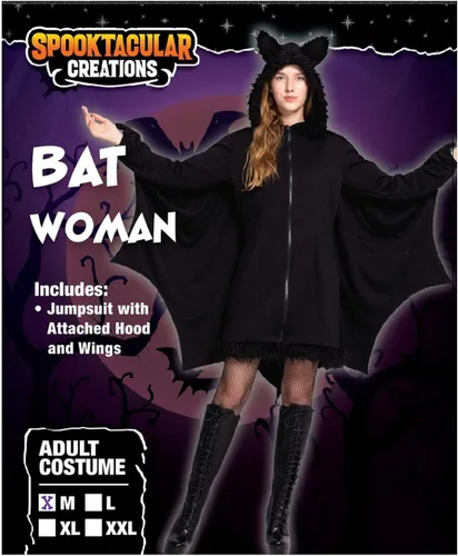 Vista 2 de Spooktacular Creations Disfraz de Halloween con capucha y cremallera de murciélago negro para mujer