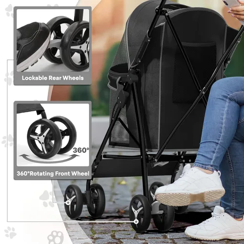 Vista 7 de Cochecito para mascotas para perros y gatos pequeños, 10-22 libras, almacenamiento trasero, negro