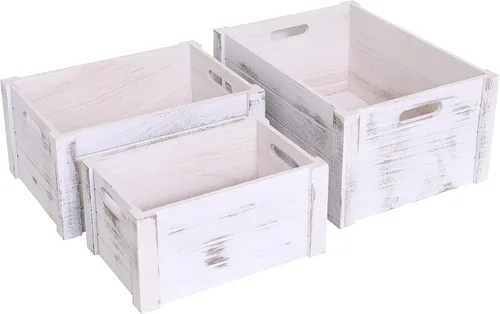 Vista 17 de Cajas modernas de madera blanca para almacenamiento, cajas decorativas rústicas, juego de 3 cajas de almacenamiento de madera extra grandes