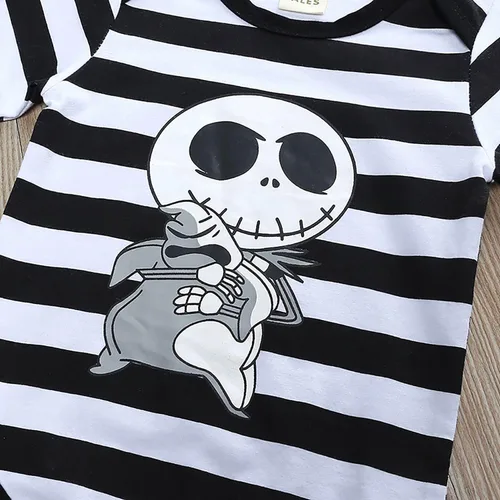 Vista 4 de Pezhiqun Disfraz de Halloween para bebé niño y niña, traje de cosplay para recién nacido, overol de esqueleto con estampado de calavera, regalo
