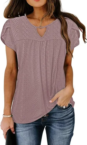 Vista 2 de Camisas casuales de manga corta para mujer, plisadas, a la moda, con agujero frontal, cuello redondo, estampado floral, ajuste holgado
