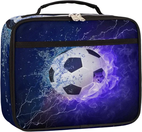 Vista 8 de Lonchera infantil para niños y niñas, diseño de fútbol americano, deportivo, color negro, bolsa de almuerzo reutilizable, pequeña bolsa enfriadora