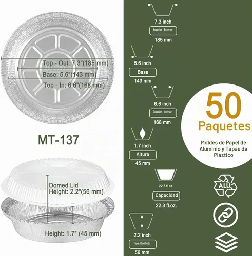 Vista 4 de Sartenes redondos de papel de aluminio de 7 pulgadas con tapas transparentes, paquete de 50 Apto para horno y congelador, diseño desechable, ideal