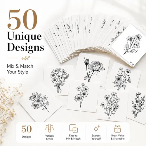 Vista 6 de 50 hojas de tatuajes temporales de ramas pequeñas de flores negras para mujeres y niñas, ramo de flores pequeñas, tatuaje temporal de plantas
