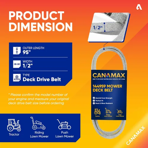 Vista 2 de Canamax 144959 - Cinturón de cubierta de cortacésped – Cable de aramida de 1/2 pulgadas x 95 pulgadas – para cubierta Craftsman LT3000 DLT3000