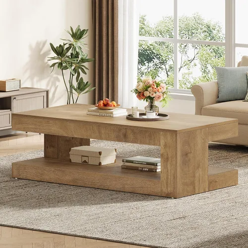 Vista 9 de Tribesigns Mesa de Centro para Sala de Estar, 47.24 Pulgadas Estilo Granja de 2 Niveles Mesa Central de Té y Cóctel con Almacenamiento, Gris