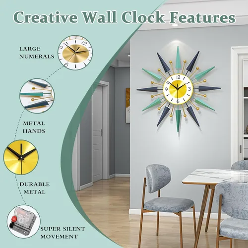 Vista 6 de Reloj de pared de 24 pulgadas, reloj de pared grande para decoración de sala de estar, reloj de estrella en explosión, gran decoración moderna
