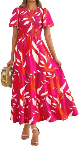 Vista 26 de PRETTYGARDEN - Vestido largo casual de verano para mujer, manga corta acampanada, bohemio, floral, cuello redondo, vestido blusón, escalonado