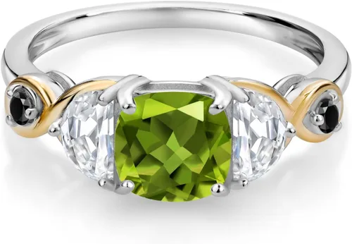 Vista 2 de Gem Stone King Anillo de plata 925 y oro amarillo de 10 quilates, con 3 piedras, peridoto y media luna, moissanita y diamante negro