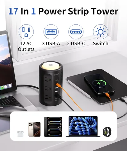 Vista 2 de Torre de regleta de protección contra sobretensiones con 5 puertos USB y luz nocturna, cable de extensión de 10 pies con 12 tomas de corriente Negro