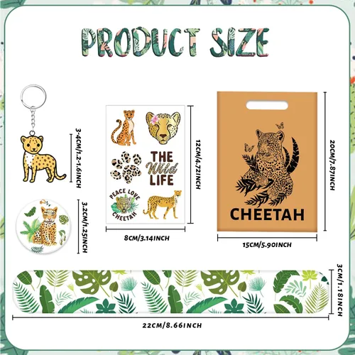 Vista 2 de Regalos de fiesta de guepardo, pulseras con temática de guepardo, llaveros, insignia, tatuajes temporales, bolsas de regalo para niños, leopardo