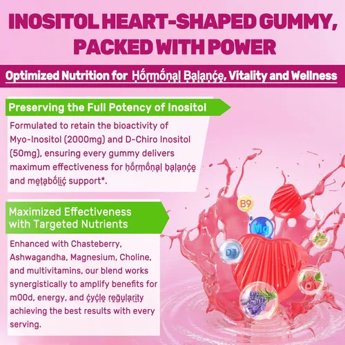 Vista 8 de Gomitas de inositol para mujer + Chasteberry, Myo-Inositol y D-Chiro Inositol 2000mg + 50mg Proporción ideal 40:1 con B12 metilado y folato, colina