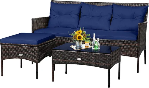 Vista 10 de Tangkula juego de sofá de esquina para patio de 3 piezas, juego de sofá de ratán para exteriores, incluye chaise lounge, sofá doble y mesa auxiliar