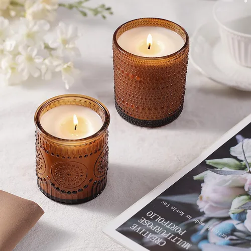 Vista 6 de DARJEN Paquete de 12 tarros de vela de ámbar para hacer velas - 3 estilos de tarros de vidrio para hacer velas a granel con tapas de bambú