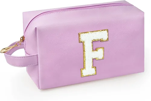 Vista 16 de Bolsa de maquillaje personalizada con inicial con asa, bolsa de cosméticos de preparación con bolsillo interior con cremallera, 8, 9, 10, 11, 12 Rosa