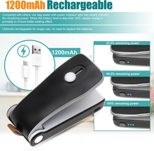 Vista 2 de Mini sellador de bolsas 2 en 1, sellador térmico recargable de bolsas de Negro