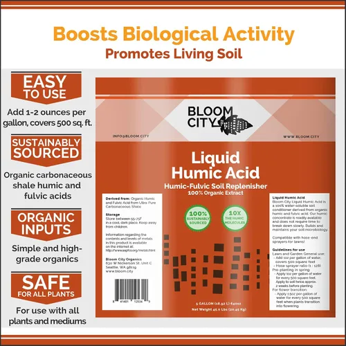 Vista 3 de Bloom City Fórmula Orgánica Líquida de Salud del Suelo Húmico, Excelente para Plantas de Interior, Jardines y Césped, Cuarto de Galón (32 oz)