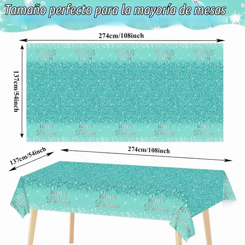 Vista 2 de 3 manteles de cumpleaños verde azulado y plateado para decoraciones de fiesta de feliz cumpleaños, cubiertas de mesa de plástico desechables
