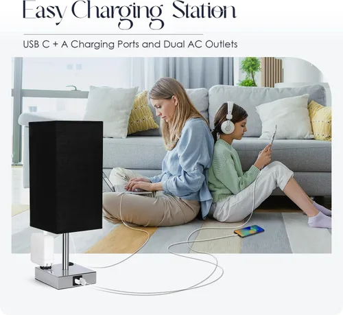 Vista 6 de Lámpara de noche con puertos USB - Lámpara de mesa de control táctil para dormitorio con puertos de carga USB C + A y salidas de AC, lámpara