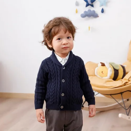 Vista 6 de Feidoog Cárdigan de ganchillo para bebés y niños, cuello en V, suéter de punto con botones para niños pequeños