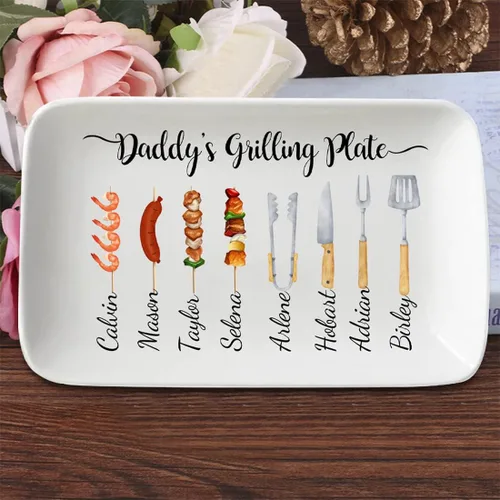 Vista 5 de Plato personalizado para asar para el día del padre, platos personalizados para papá, bandeja rectangular para servir barbacoa con nombres