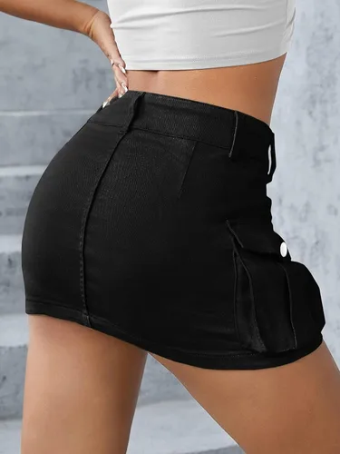 Vista 2 de Falda de carga de cintura baja para mujer, mini falda de mezclilla con bolsillo