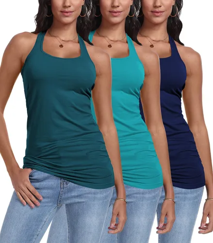 Vista 20 de Paquete de 3 camisetas sin mangas con espalda cruzada para mujer Negro+blanco+rosa