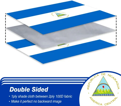 Vista 2 de Bandera de Nicaragua de 3 x 5 pies para exteriores, bandera nacional nicaragüense, bandera nacional nicaragüense, doble cara de 3 capas de poliéster
