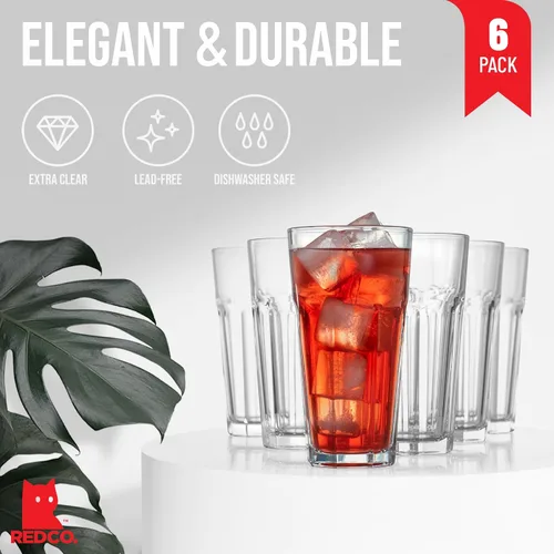 Vista 2 de Red Co. Juego de 6 vasos de vidrio transparente de 16 onzas líquidas para agua, jugo, cerveza, cócteles