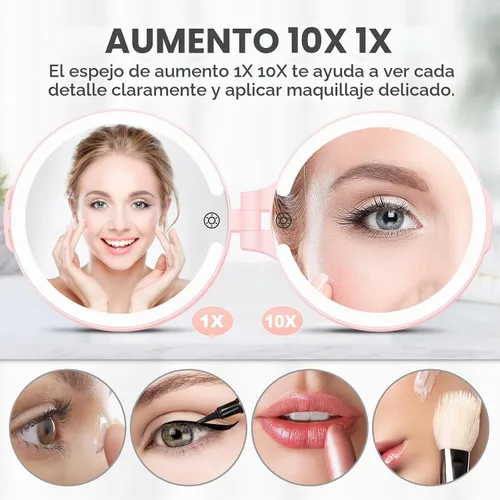 Vista 3 de FUNTOUCH Espejo de maquillaje de viaje recargable de 7 pulgadas, aumento Rosa