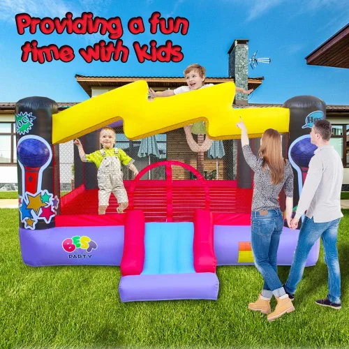 Vista 5 de BESTPARTY Casa inflable de rebote con soplador para niños, tema de estrella pop, tobogán hinchable y gran área de salto, para patio, patio trasero