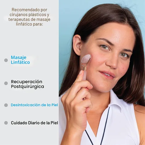 Vista 3 de Bruizex Juego de masajeador facial de drenaje linfático: rodillo facial de cuarzo rosa y herramienta facial Gua Sha para masaje linfático, alivio