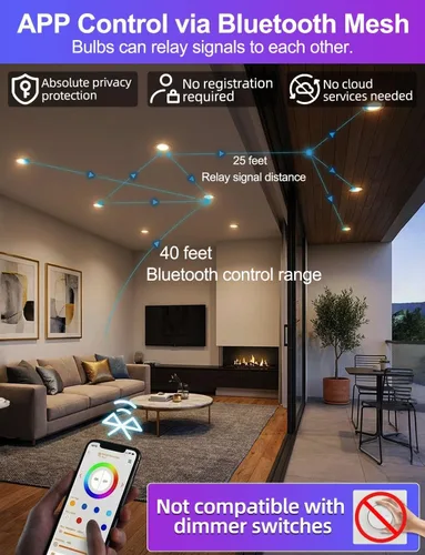Vista 3 de Paquete de 12 bombillas LED empotradas BR30, 16 millones de colores RGB, control Bluetooth APP BRmesh APP 2700K-6000K blanco sintonizable, base E26
