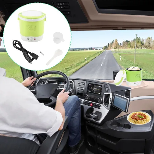 Vista 3 de 1L Mini olla arrocera 12V fiambrera eléctrica – Vaporizador de alimentos multifuncional portátil de viaje para coche, camping (verde)