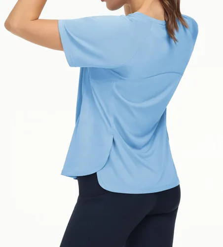 Vista 2 de THE GYM PEOPLE Camisetas de entrenamiento de manga corta para mujer, camisetas de yoga transpirables con aberturas laterales