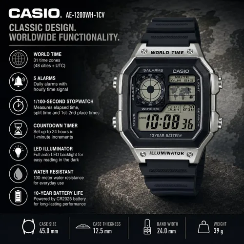 Vista 5 de Casio AE1200WH Series Men’s Digital Watch 100M WR Multi Alarms 100 SEC Stopwatch Countdown Timer World Map for World Time LED Light