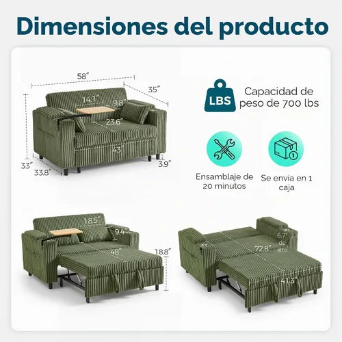 Vista 2 de LINSY HOME Sofá cama extraíble 3 en 1, sofá cama convertible de 58 pulgadas para sala de estar, mesa giratoria de 360°, reposabrazos