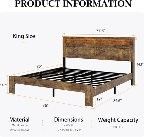 Vista 8 de Armazón de cama de madera tamaño King con cabecero - Plataforma de cama rústica estilo granja con soporte de listones de metal, resistente y sin