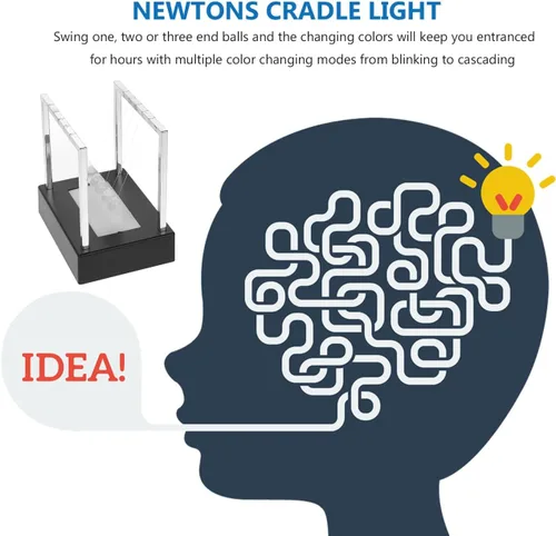 Vista 9 de SEWACC Newton's Cradle Balance - Bolas de péndulo para decoración de oficina con base negra, escritorio con luz LED, bolas cinéticas oscilantes